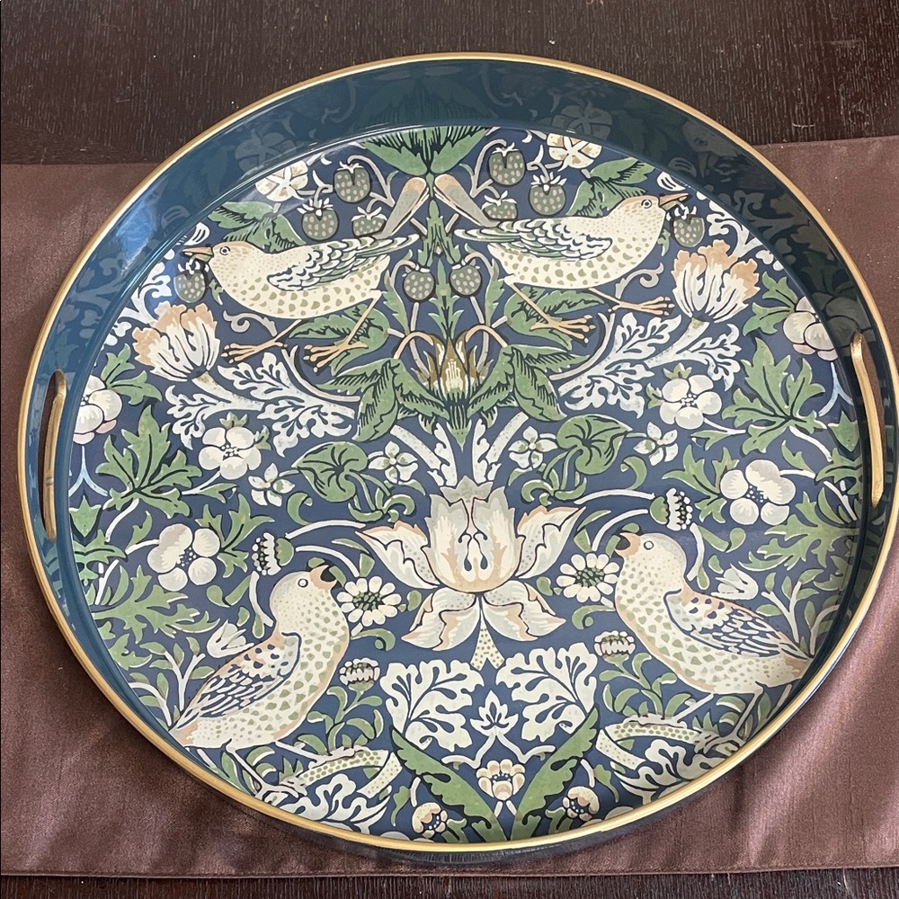 Decorative Bird & Floral Serving Tray in Blue and Green with Gold Trim